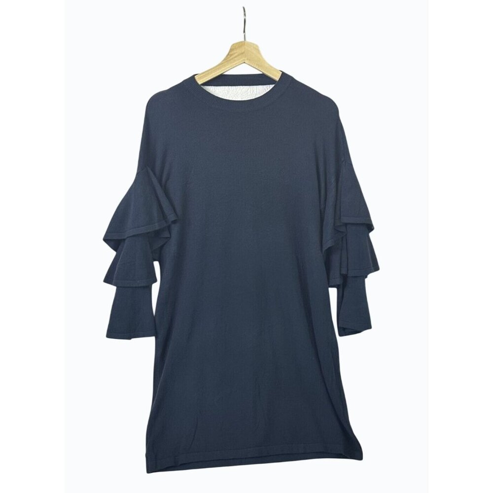 Olivaceous Teal Green Ruffled Sleeve Knit Dress With V-Neck Back & High Neckline